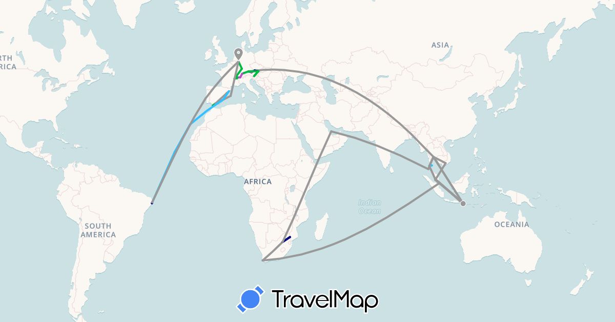 TravelMap itinerary: driving, bus, plane, train, boat in Austria, Brazil, Switzerland, Cape Verde, Germany, Spain, France, Indonesia, Malaysia, Portugal, Qatar, Singapore, Thailand, Vietnam, South Africa (Africa, Asia, Europe, South America)